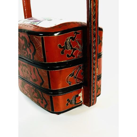 VTG Chinese Red Lacquered Wedding Basket Lunch Box Porcelain Plaque Top READ - Picture 7 of 9